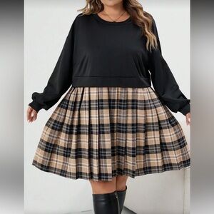 SHEINCurve+ Black and Tan Plaid Long Sleeve Dress